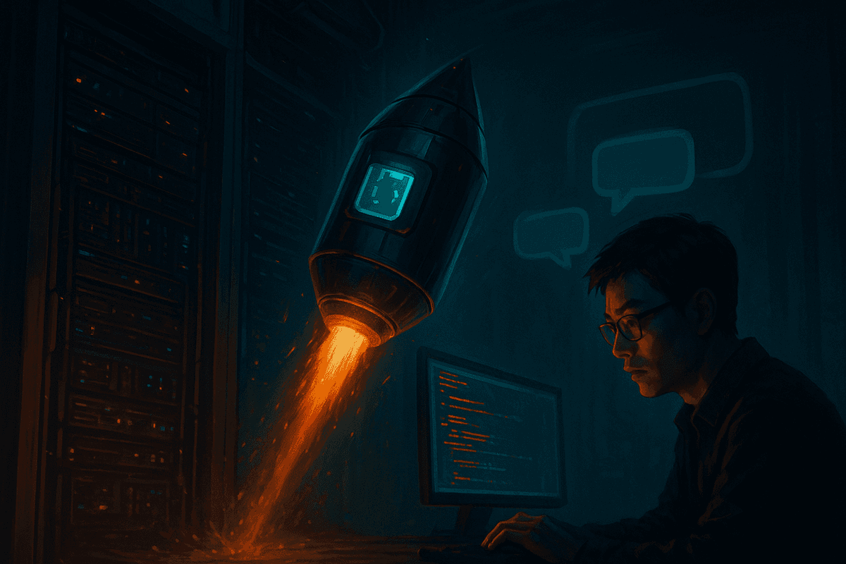 A dramatic opening scene of an ultra-light Rust AI agent deployment, compact binary capsule dropping