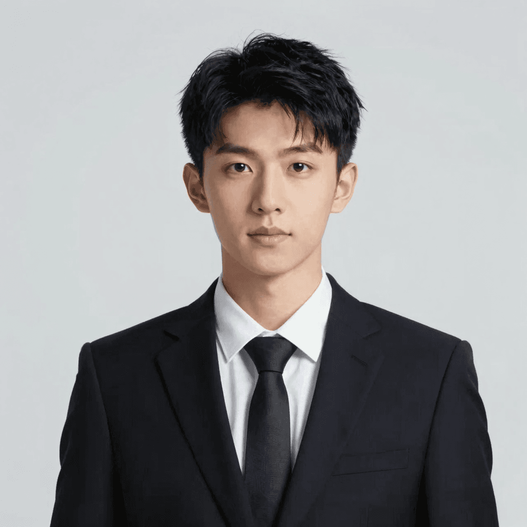 Stylized portrait of a young Chinese professional, soft cinematic lighting, clean background, no tex