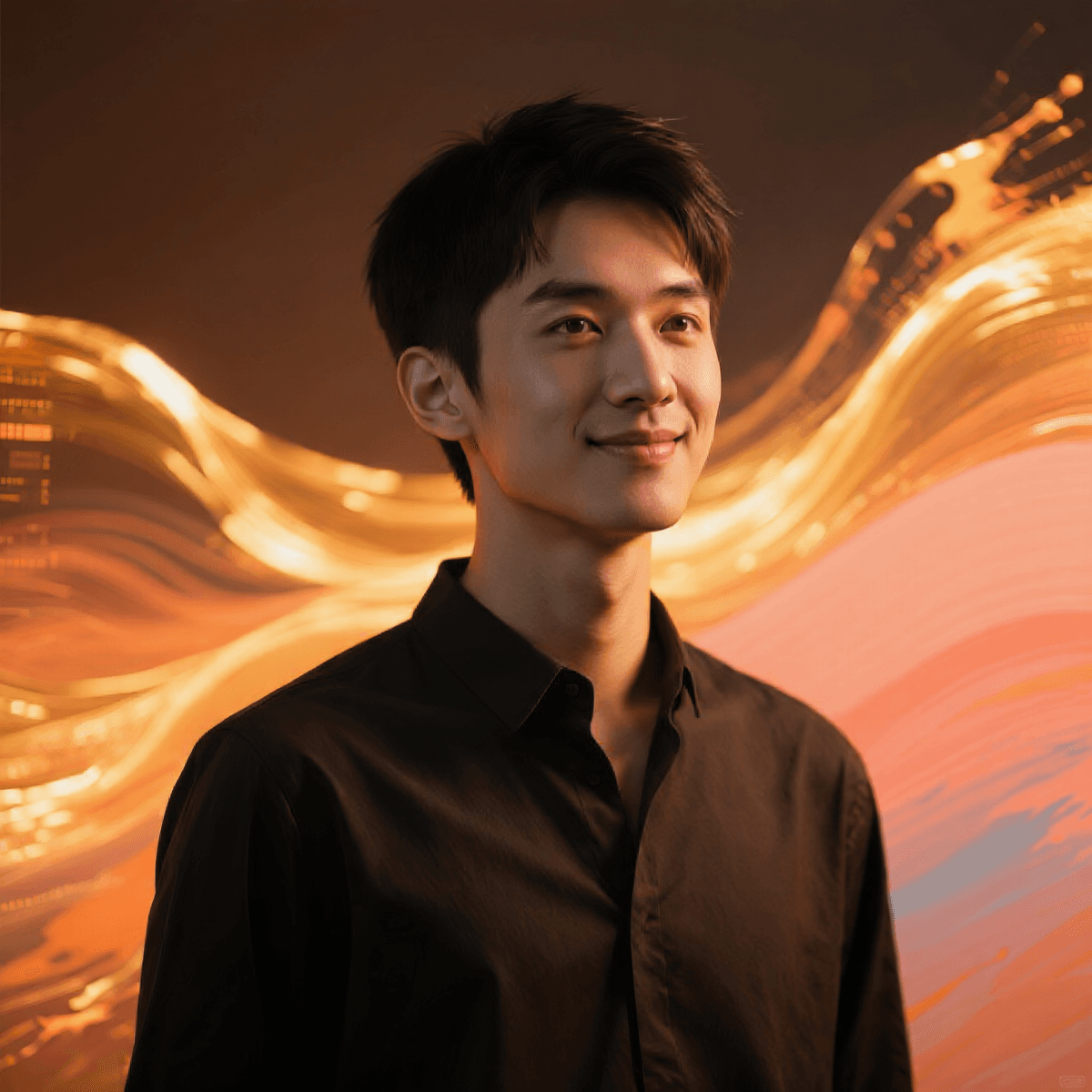 Cinematic close-up portrait of a young male tech visionary and artist, East Asian, sharp jawline, th