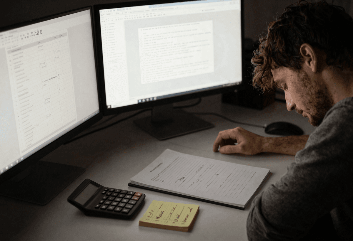 Realistic desk scene with calculator, budget notes as abstract icons, tired solo creator facing mult