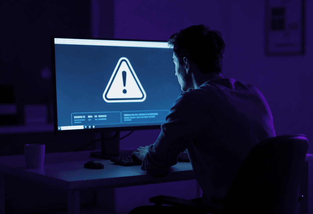 A lone developer sits hunched in a dark room, face illuminated by a glowing monitor displaying a mas
