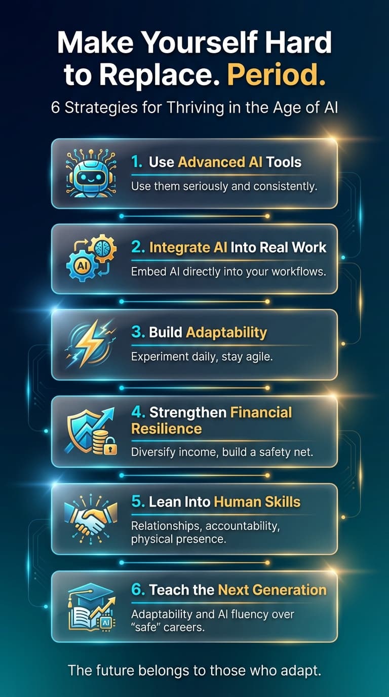 A professional dark-themed infographic poster titled "Make Yourself Hard to Replace