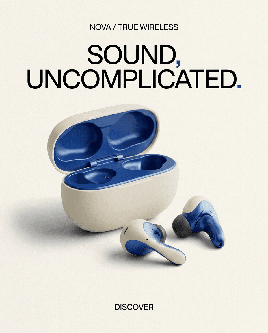 Minimal white editorial poster for NOVA wireless earbuds