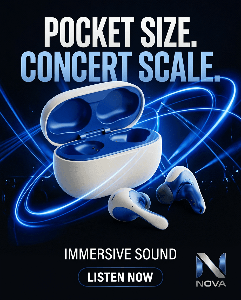 Black and electric blue music poster for NOVA wireless earbuds