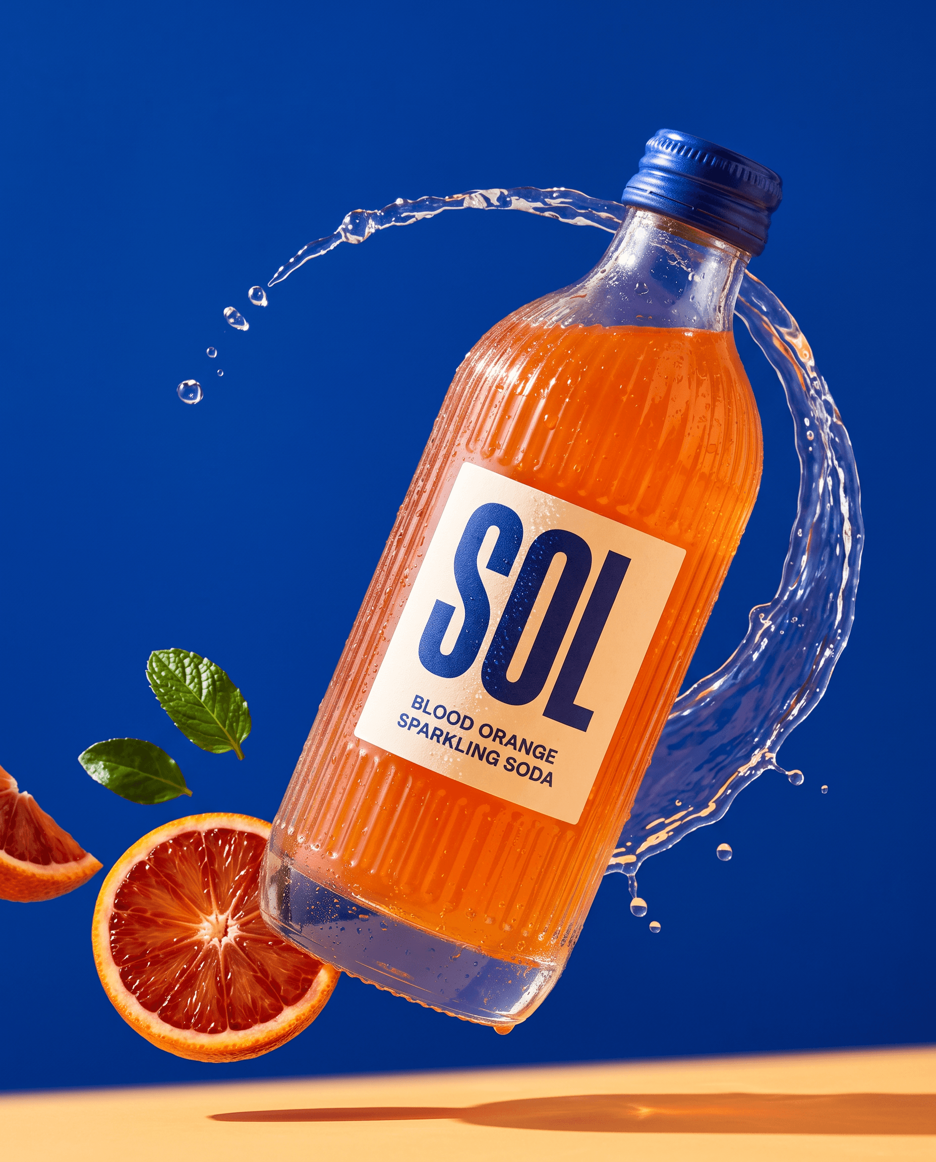The same SOL bottle in a cobalt-blue splash campaign