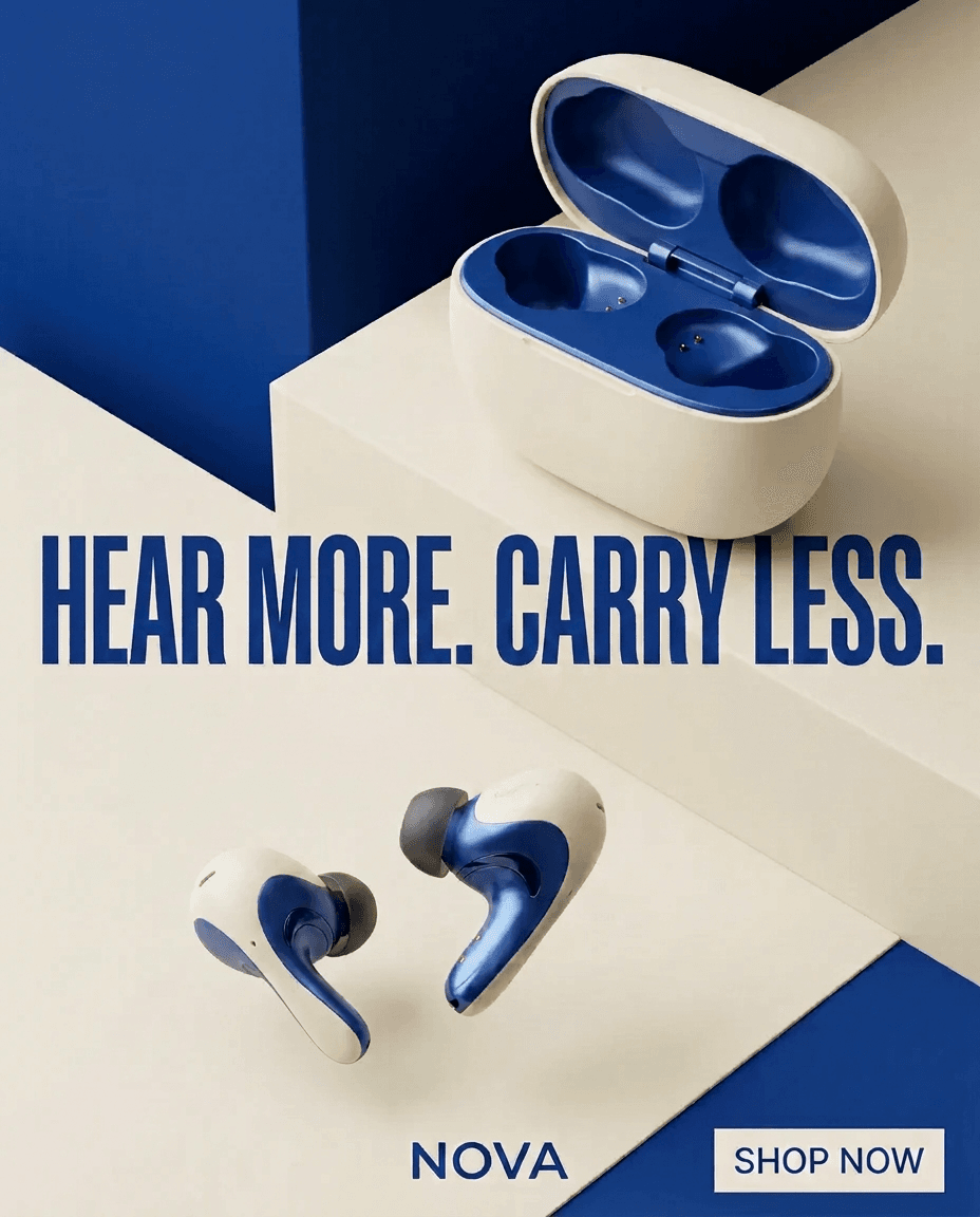 Blue and ivory NOVA wireless earbuds product launch poster