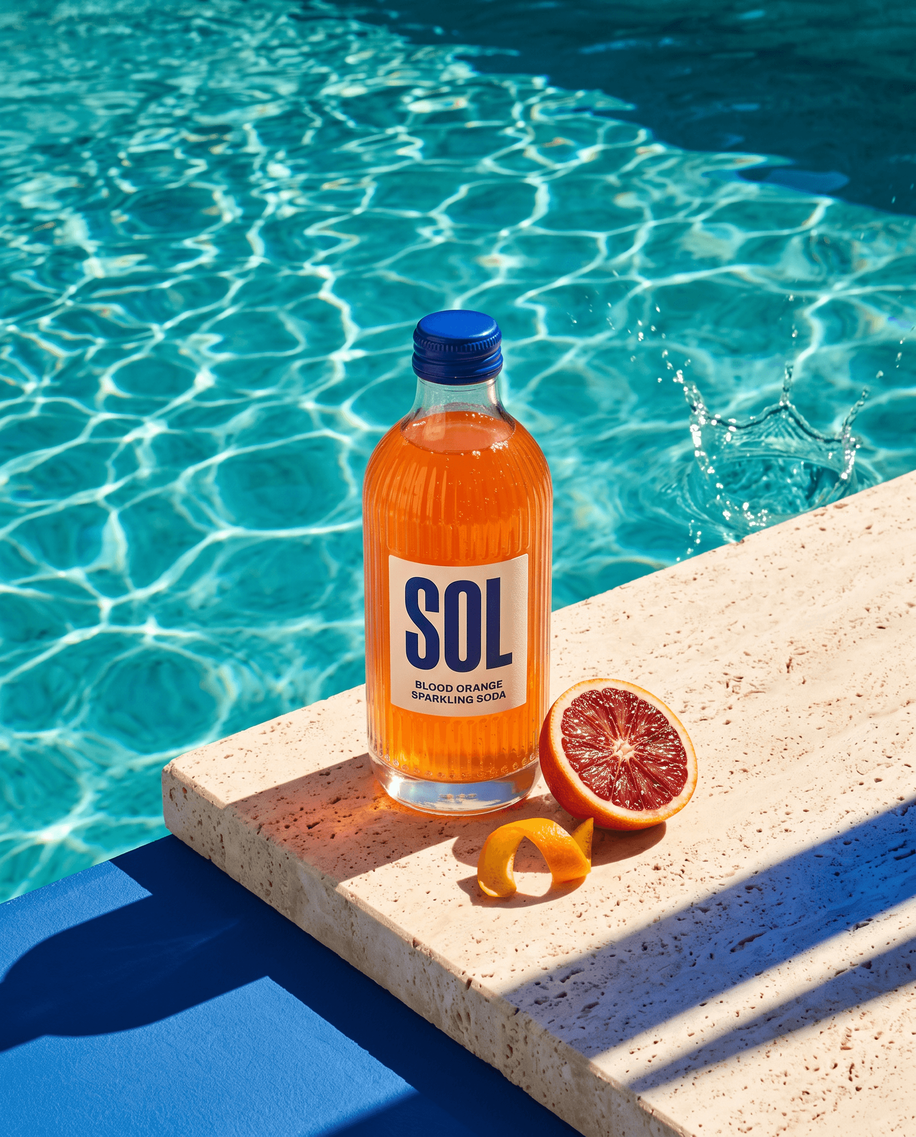 The same SOL soda bottle in bright sunlight beside a turquoise pool