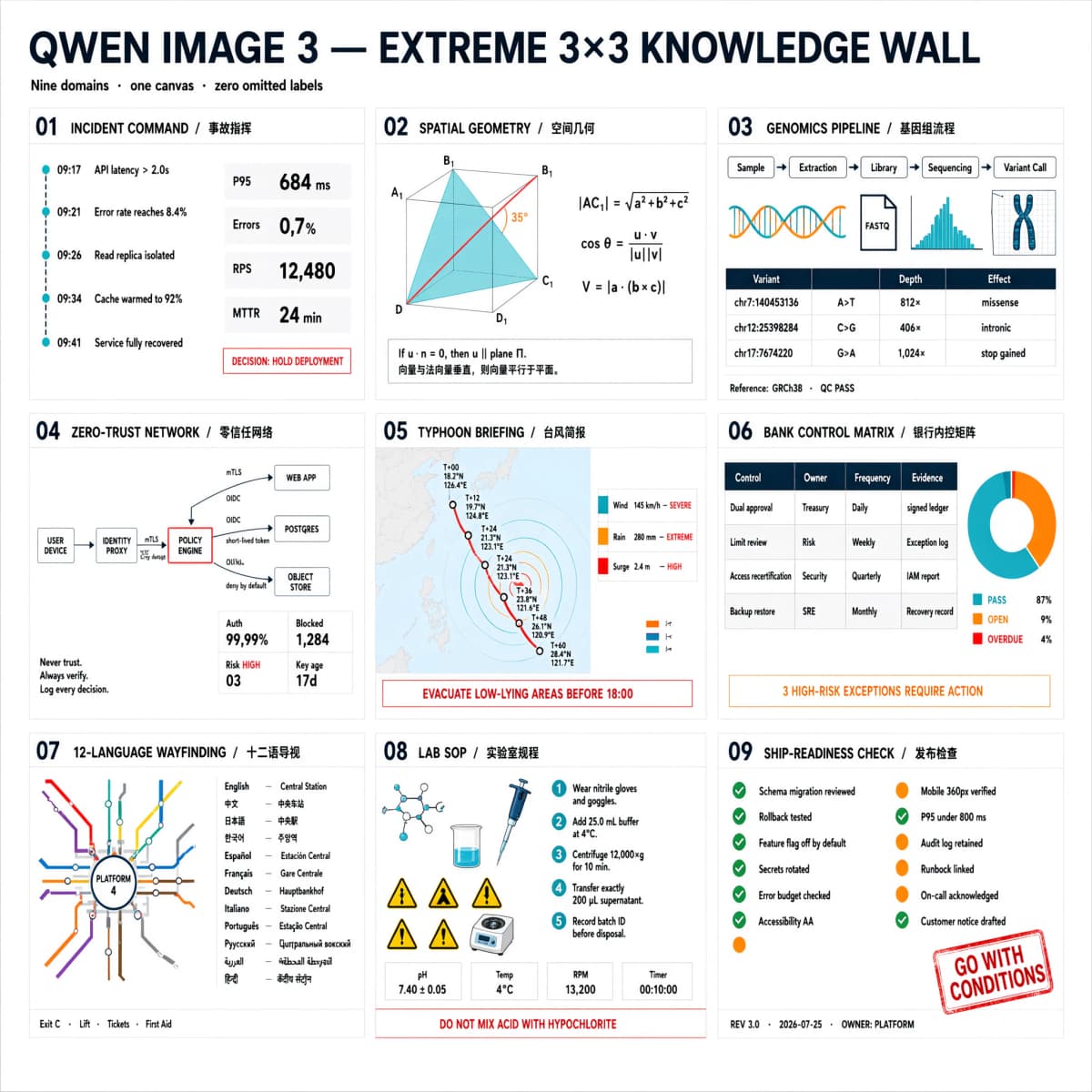 Qwen Image 3 nine-cell knowledge wall with multilingual text, formulas, tables, and diagrams
