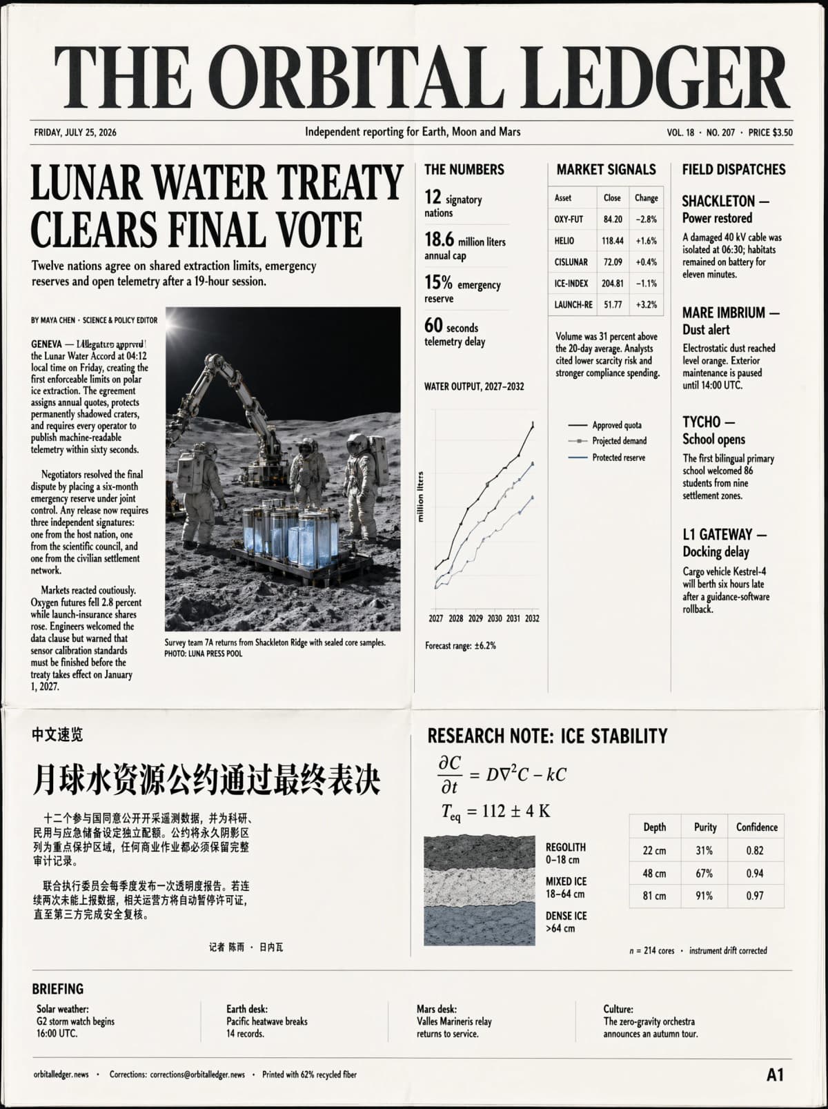 Qwen Image 3 six-column newspaper front page with charts, tables, English, and Chinese copy