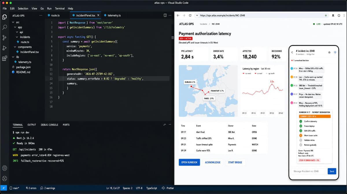 Qwen Image 3 nested interface with code editor, operations dashboard, phone chat, and runbook card