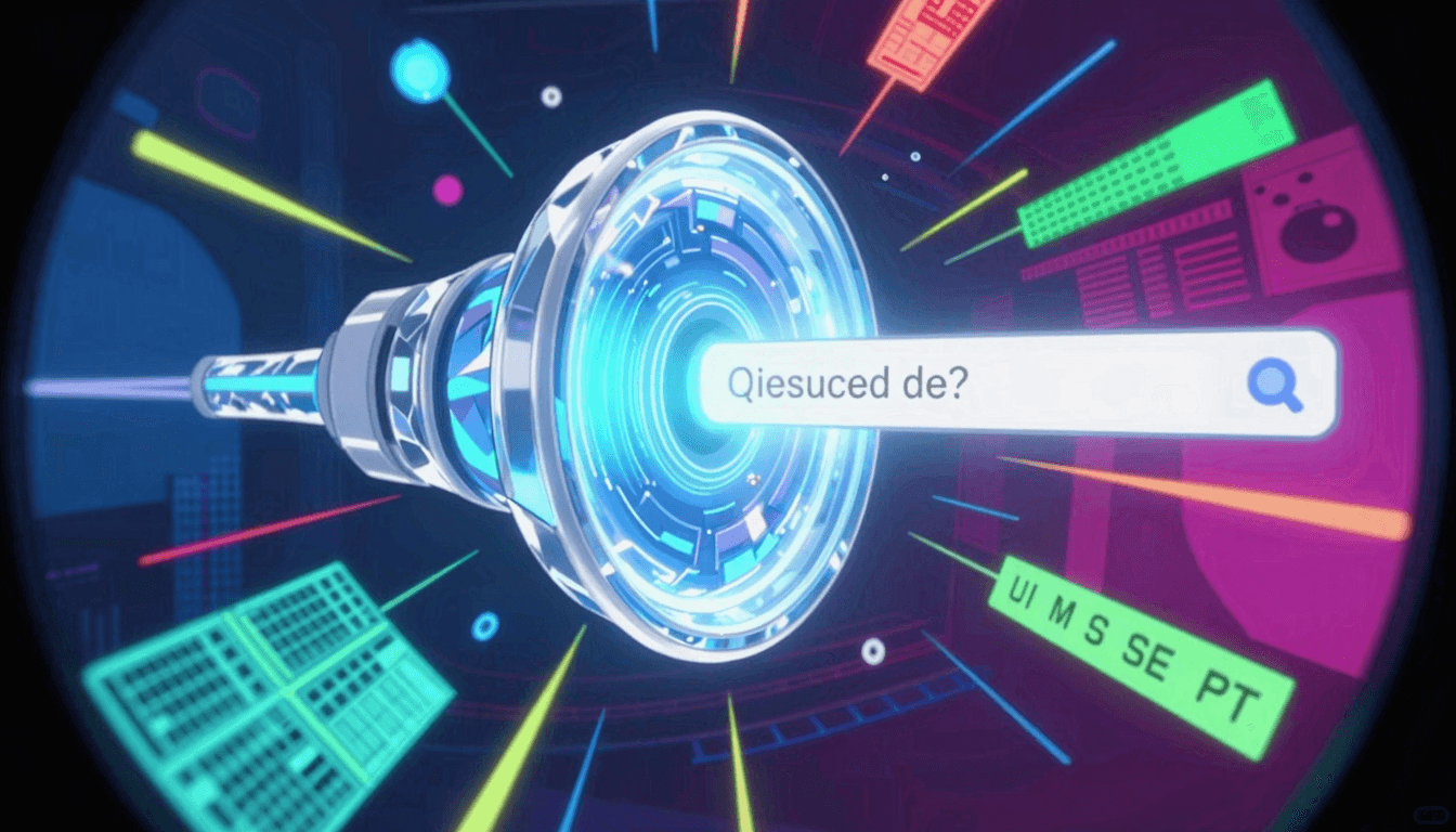 Absurd hilarious meme-style AI web research scene, chaotic colorful data storm being funneled throug