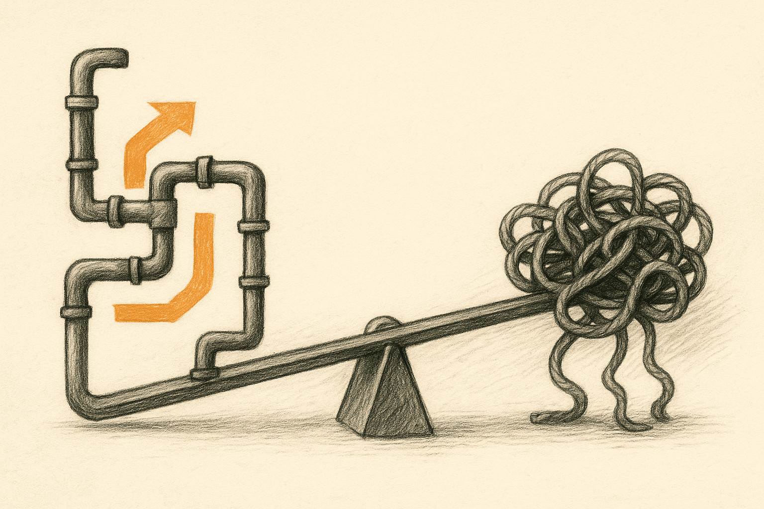 A strategic closing metaphor image: a lever amplifying a well-structured engineering pipeline while