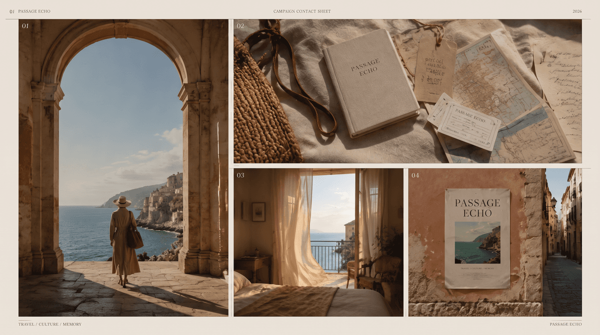 Passage Echo campaign board with Mediterranean travel imagery