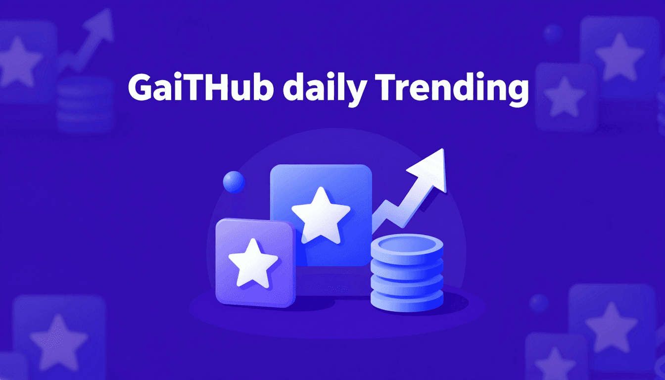 GitHub daily trending headline cover illustration, center composition with repository cards