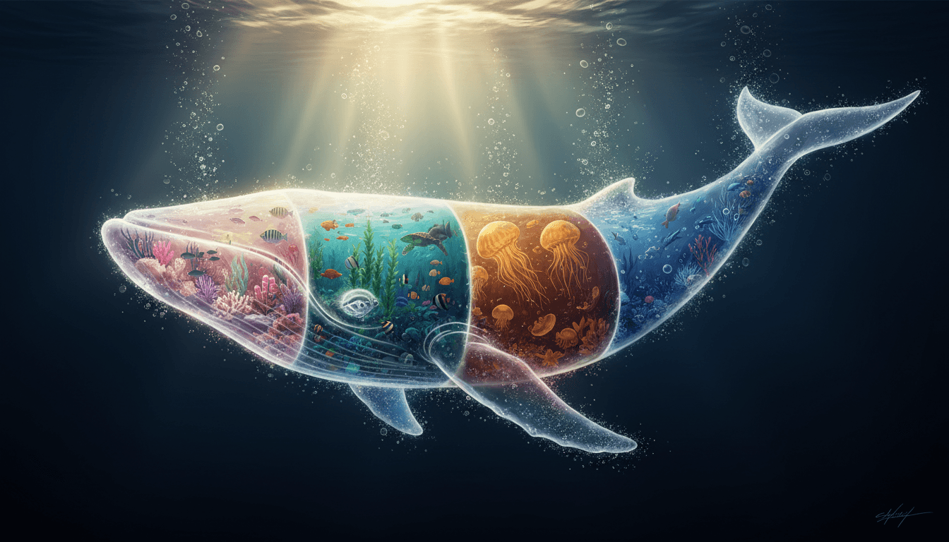 A colossal transparent whale plunging head-first downward through the ocean, its body a luminous gla