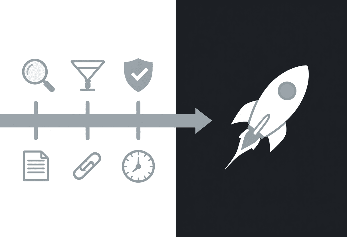 Scene of efficiency gain: slow old pipeline with cluttered icons vs fast optimized pipeline with roc