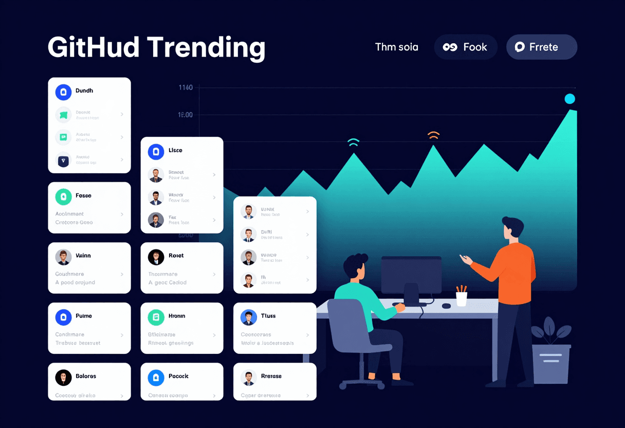 GitHub trending dashboard vibe with multiple AI agent project cards rising, developers watching sign