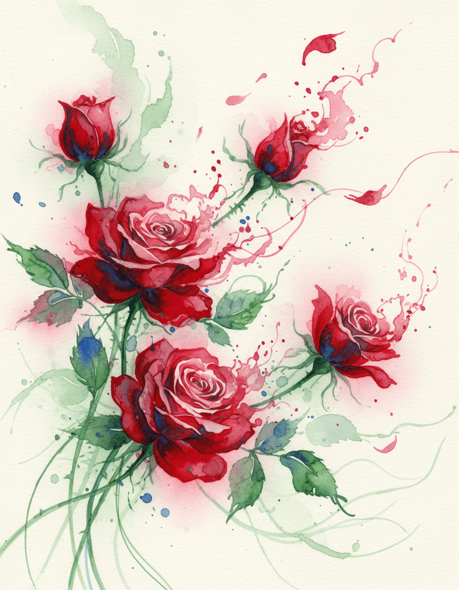 An abstract depiction of blooming red roses with petals unfurling and scattering in the wind, where