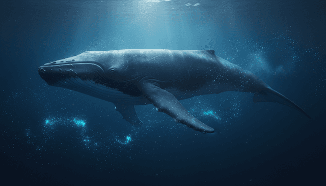 A majestic blue whale gliding through bioluminescent deep ocean waters, surrounded by glowing particles of light in deep navy (#001F5B) and electric cyan (#00FFFF). The whale's enormous silhouette is illuminated from below by ethereal god rays piercing through dark water. Tiny air bubbles trail along barnacled skin, conveying profound scale and silence. Photorealistic underwater photography, volumetric lighting, cinematic composition.
