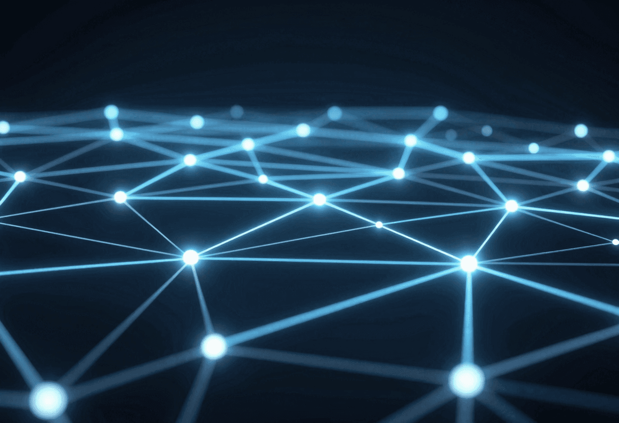 Futuristic research network visualization, glowing nodes and pathways, layered depth, dynamic but cl