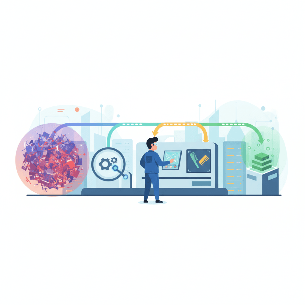 Cartoon infographic scene, a Chinese engineer operating a three-stage transformation pipeline with g