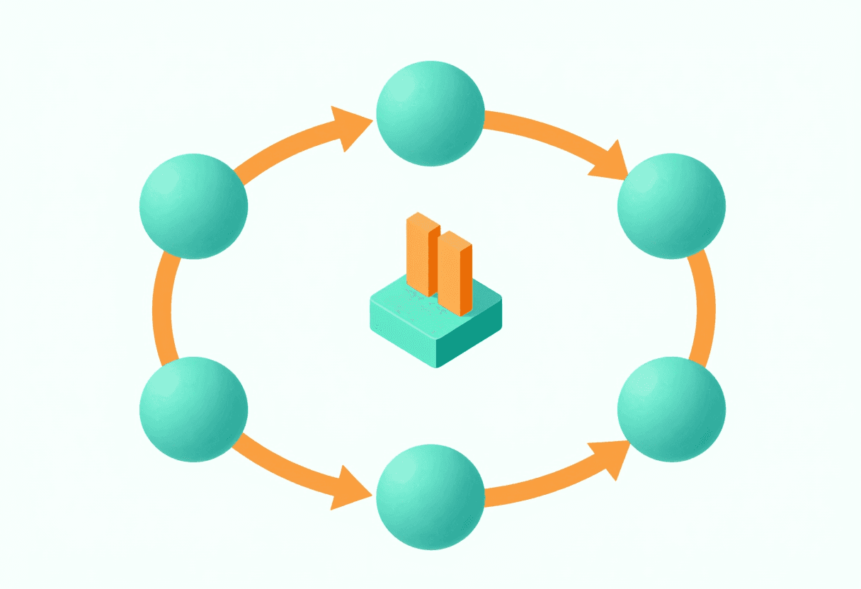 Isometric infographic style scene of a content pipeline: AI generation nodes, ad traffic loop, profi