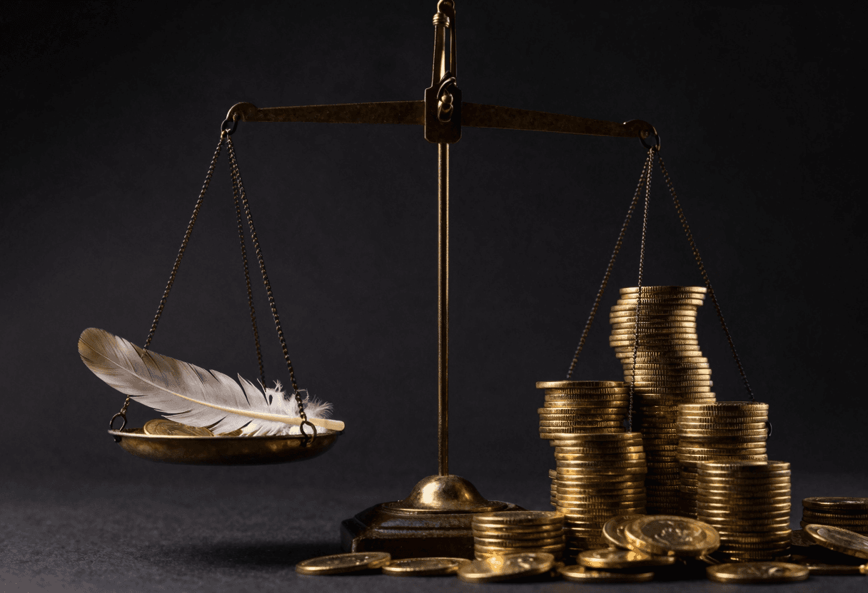 A dramatic scale balance in cinematic style: one side holds a small feather-light coin, the other si
