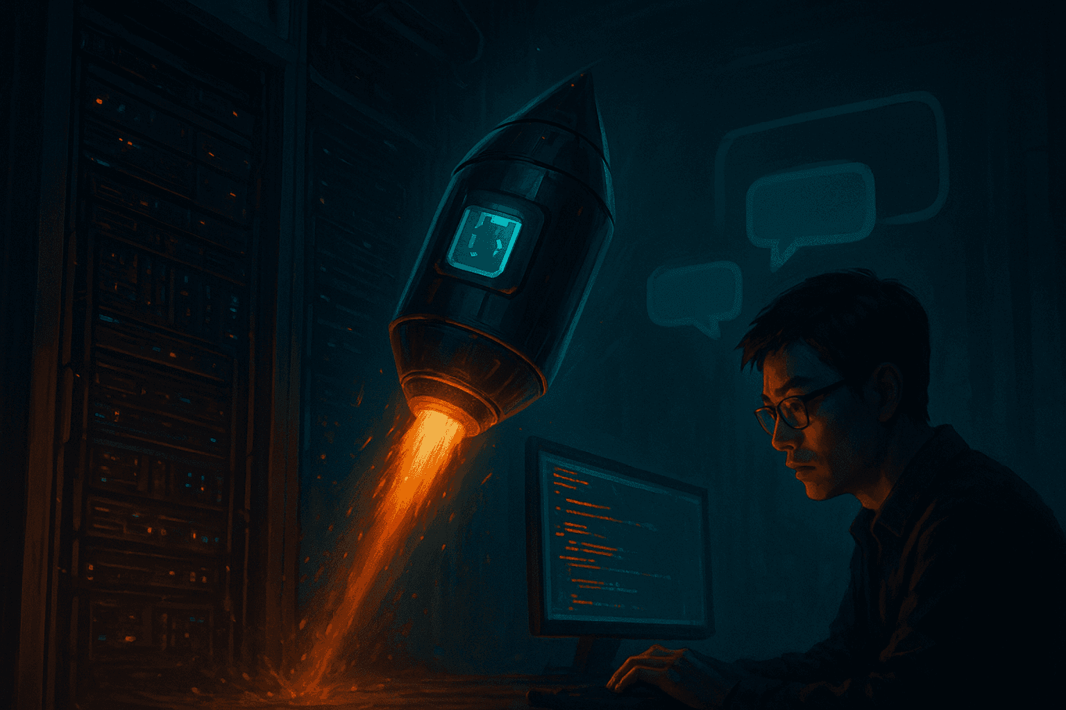 A dramatic opening scene of an ultra-light Rust AI agent deployment, compact binary capsule dropping