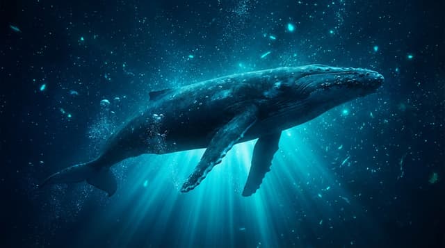 A majestic blue whale gliding through bioluminescent deep ocean waters, surrounded by glowing particles of light in deep navy (#001F5B) and electric cyan (#00FFFF). The whale's enormous silhouette is illuminated from below by ethereal god rays piercing through dark water. Tiny air bubbles trail along barnacled skin, conveying profound scale and silence. Photorealistic underwater photography, volumetric lighting, cinematic composition.