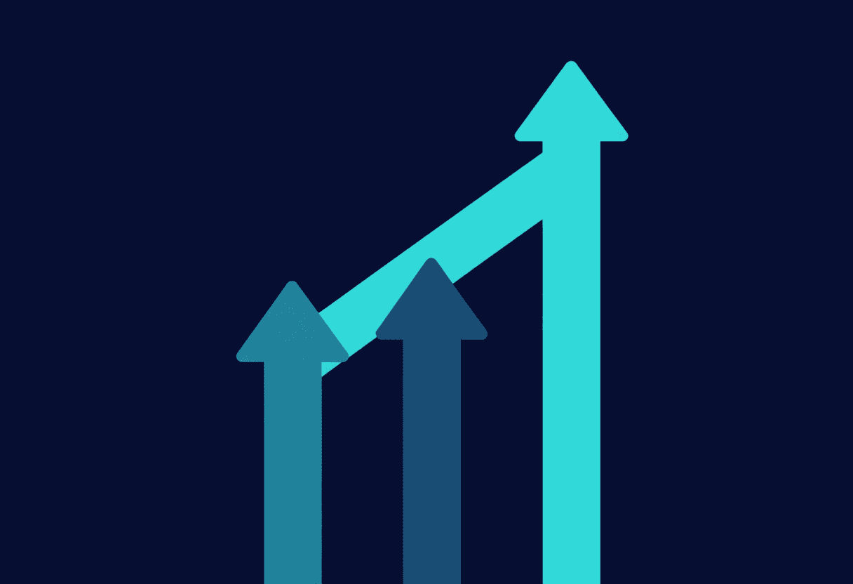 Minimalist geometric infographic scene of three upward trend streams merging into one robust pipelin