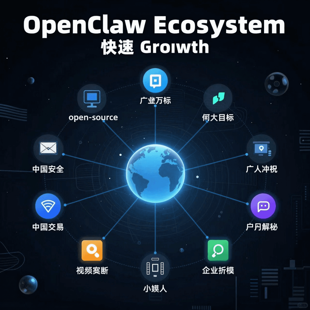 Editorial illustration, OpenClaw ecosystem rapid growth in February, many open-source project nodes