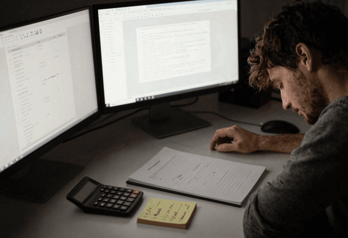 Realistic desk scene with calculator, budget notes as abstract icons, tired solo creator facing mult
