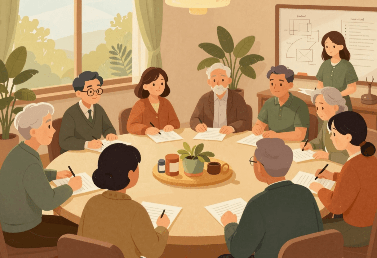 Warm documentary-style illustration of active retirees in a community class, travel planning, and we